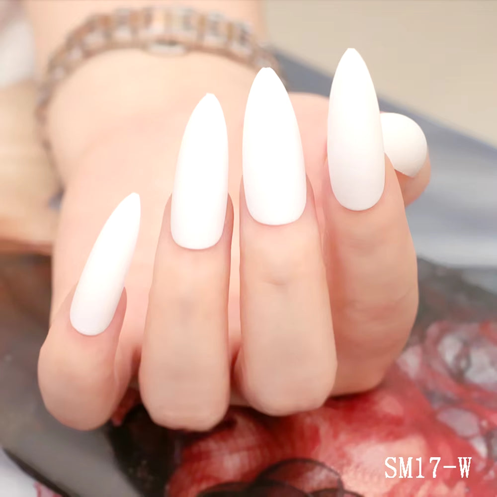 24Pcs Acrylic Extra Long Pointed Almond Oval False Nail Solid Color Matte Nail Full Cover French Stiletto Fake Nail Manicure Too