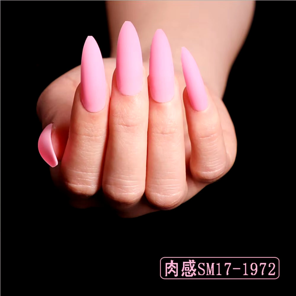 24Pcs Acrylic Extra Long Pointed Almond Oval False Nail Solid Color Matte Nail Full Cover French Stiletto Fake Nail Manicure Too