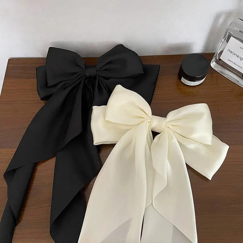 Elegant Bow Ribbon Hair Clip Fashion Simple Solid Satin Spring Clip Hair Pin Retro Headband with Clips Girls Hair Accessories