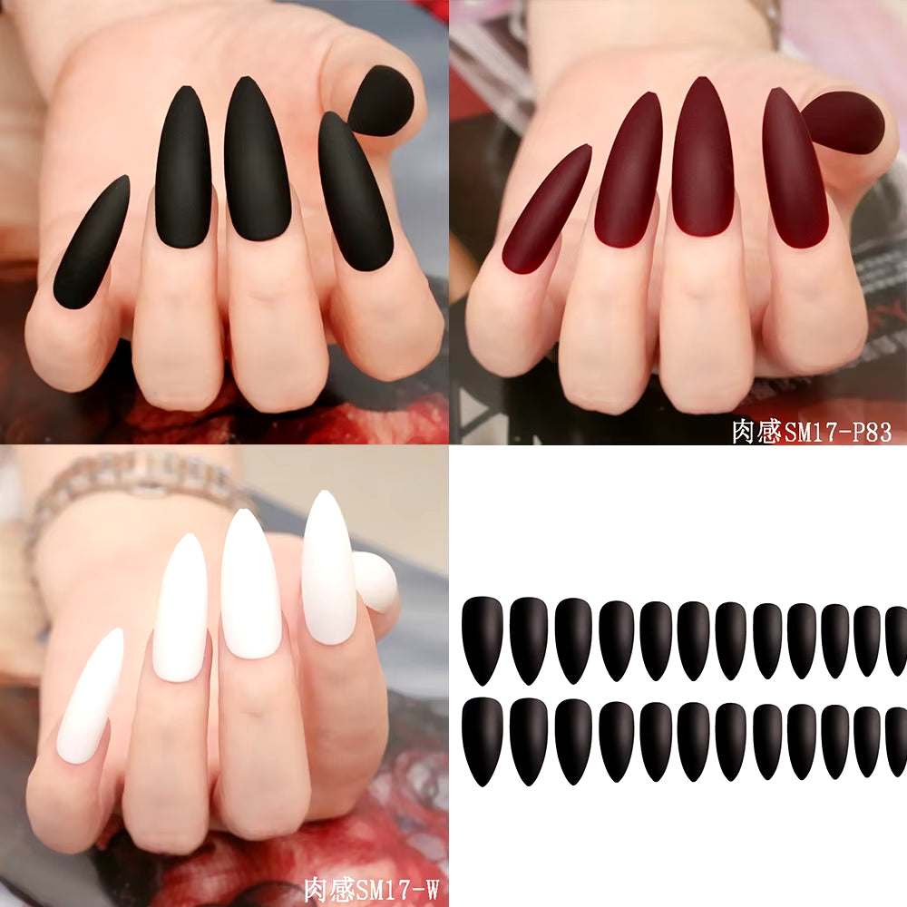 24Pcs Acrylic Extra Long Pointed Almond Oval False Nail Solid Color Matte Nail Full Cover French Stiletto Fake Nail Manicure Too