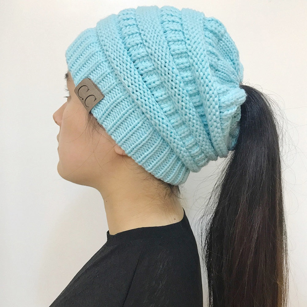 High Bun Ponytail Beanie Hat Chunky Soft Stretch Cable Knit Warm Fuzzy Lined Skull Beanie Acrylic Hats Men and Women