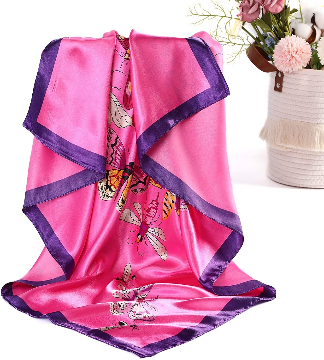 4 Pcs Silk Scarf Satin Large Square Scarves 35” Women Silk Feeling Head Scarves Hair Sleeping Wraps Turban Silk Neck Scarf Lightweight Silk Bandana