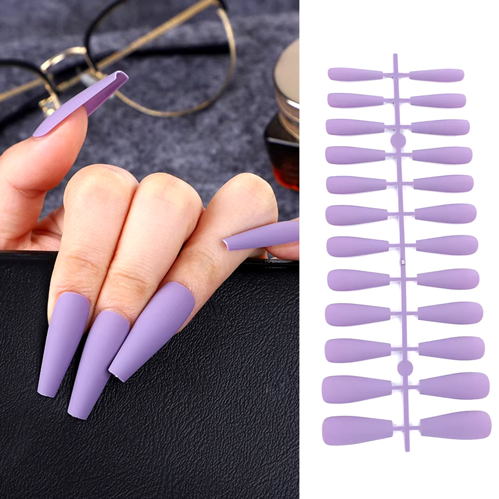 24Pcs Acrylic Extra Long Pointed Almond Oval False Nail Solid Color Matte Nail Full Cover French Stiletto Fake Nail Manicure Too