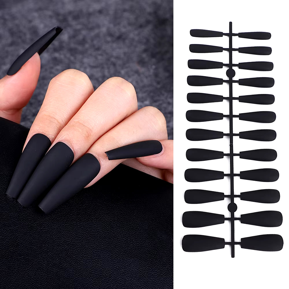 24Pcs Acrylic Extra Long Pointed Almond Oval False Nail Solid Color Matte Nail Full Cover French Stiletto Fake Nail Manicure Too