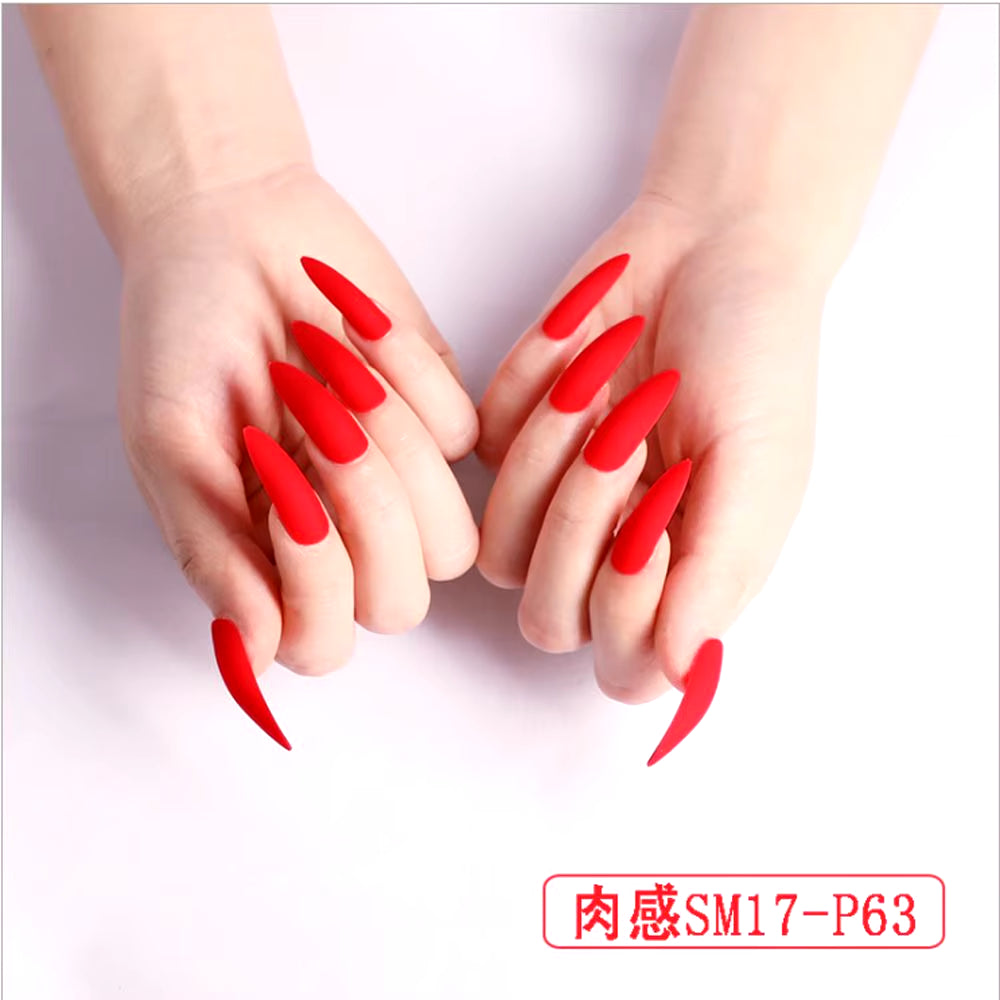 24Pcs Acrylic Extra Long Pointed Almond Oval False Nail Solid Color Matte Nail Full Cover French Stiletto Fake Nail Manicure Too