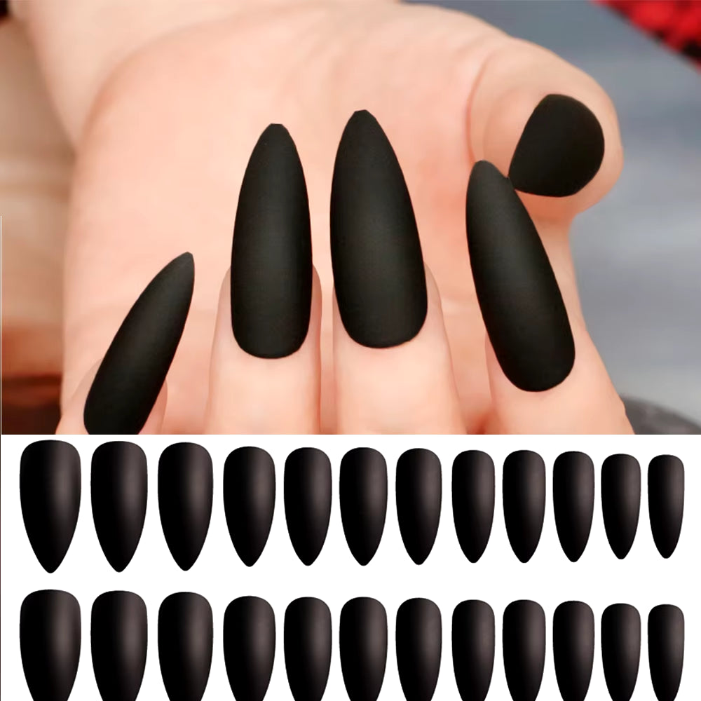 24Pcs Acrylic Extra Long Pointed Almond Oval False Nail Solid Color Matte Nail Full Cover French Stiletto Fake Nail Manicure Too