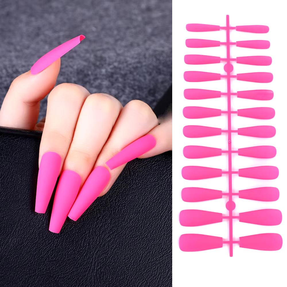 24Pcs Acrylic Extra Long Pointed Almond Oval False Nail Solid Color Matte Nail Full Cover French Stiletto Fake Nail Manicure Too