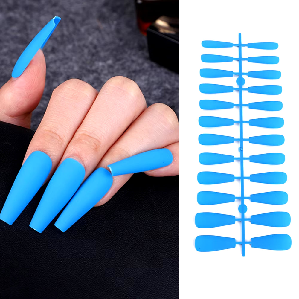 24Pcs Acrylic Extra Long Pointed Almond Oval False Nail Solid Color Matte Nail Full Cover French Stiletto Fake Nail Manicure Too