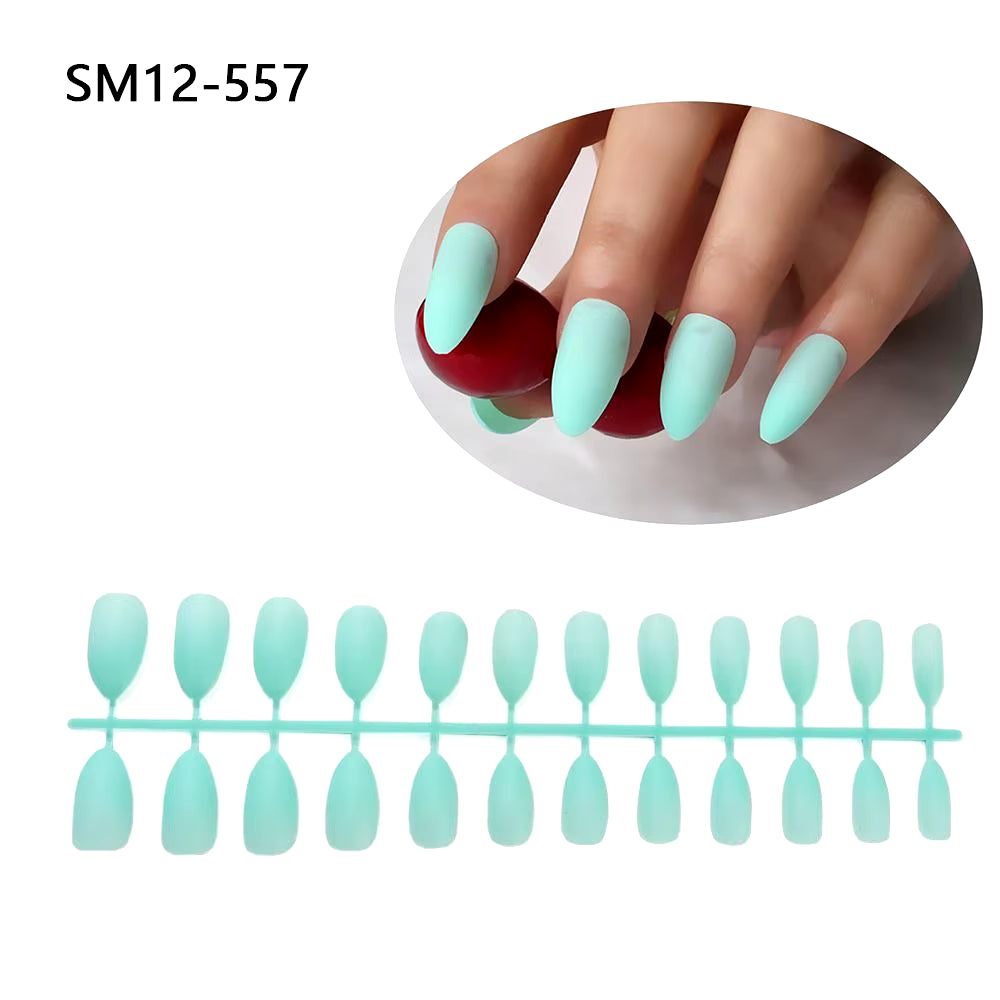 24Pcs Acrylic Extra Long Pointed Almond Oval False Nail Solid Color Matte Nail Full Cover French Stiletto Fake Nail Manicure Too