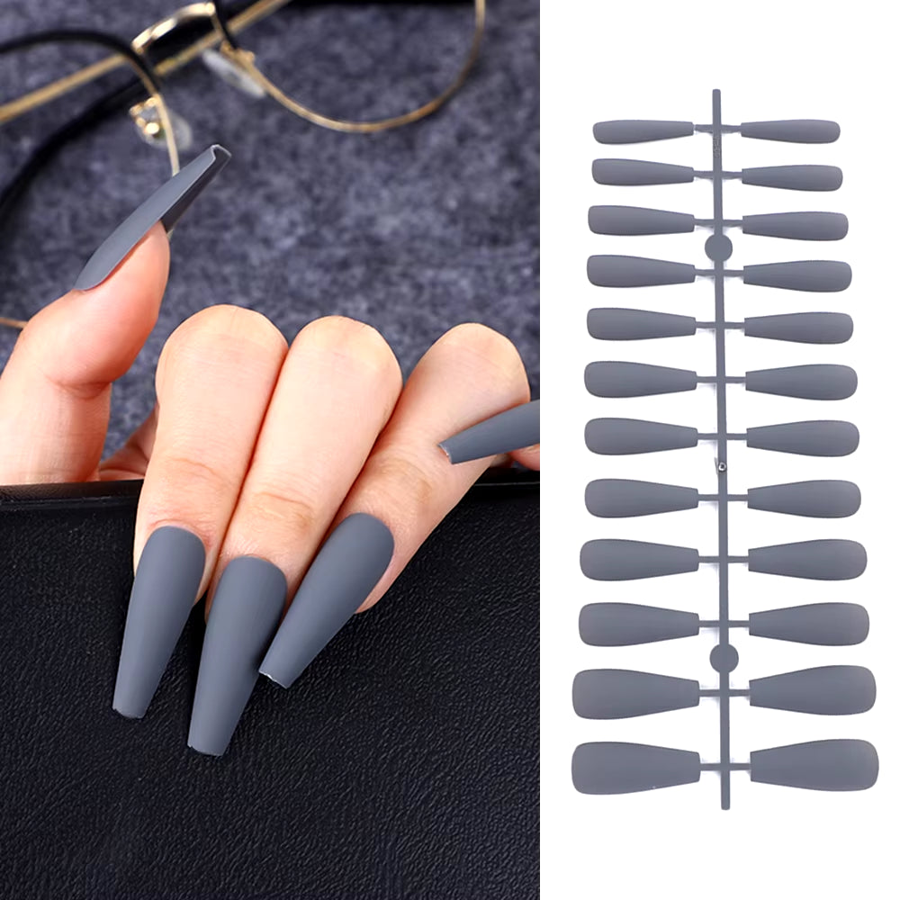 24Pcs Acrylic Extra Long Pointed Almond Oval False Nail Solid Color Matte Nail Full Cover French Stiletto Fake Nail Manicure Too