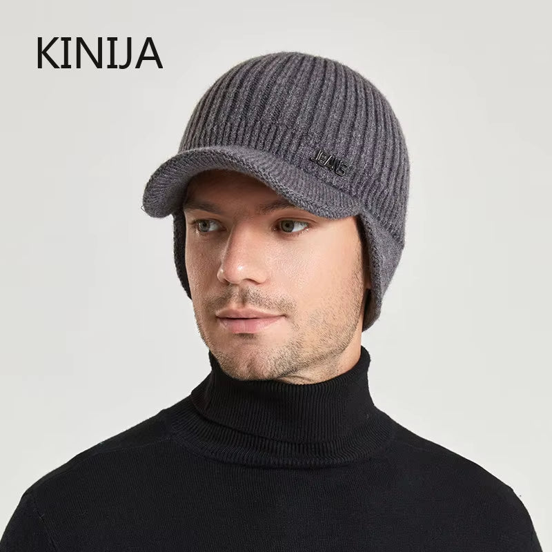 Men Winter Knitted Hat Outdoor Cycling Ear Protection Warmth Peaked Cap Casual Fashion Sunhat Bomber Skullies Beanies 55-60CM